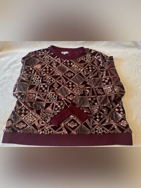 See and Be Seen Size L Burgundy/Gold Sequin Geometric Knit Crewneck Pullover